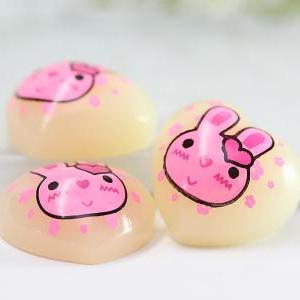Cream Heart With Pink Bunny Resin Cabochons 4pc
