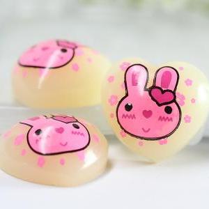Cream Heart With Pink Bunny Resin Cabochons 4pc