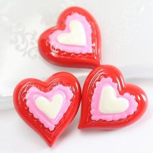 Red And White Heart Resin Cabochons 4pc