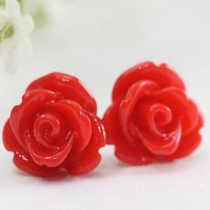 Red Rose Flower Ear Posts, Bridal Jewelry,..