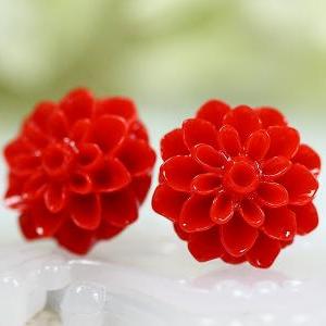 Red Chrysanthemum Ear Posts, Bridal Jewelry,..