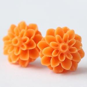 Orange Chrysanthemum Ear Posts, Bridal Jewelry,..