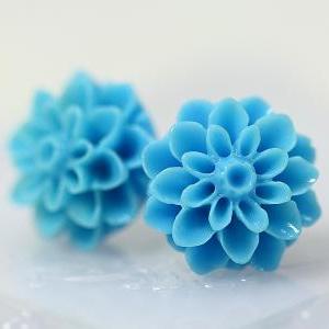 Light Blue Chrysanthemum Ear Posts, Bridal..