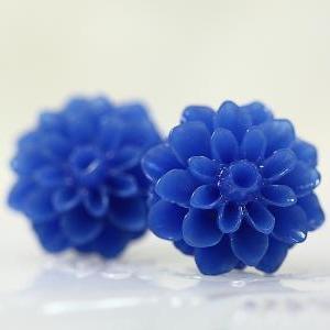 Dark Blue Chrysanthemum Ear Posts, Bridal Jewelry,..