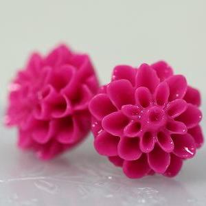 Fuchsia Chrysanthemum Ear Posts, Bridal Jewelry,..