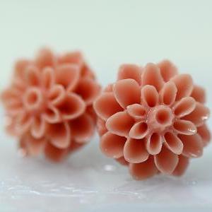Light Coral Chrysanthemum Ear Posts, Bridal..