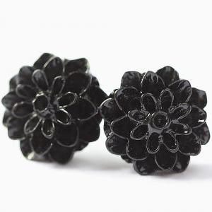 Black Chrysanthemum Ear Posts, Bridal Jewelry,..