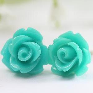 Dark Turquoise Rose Ear Posts, Bridal Jewelry,..