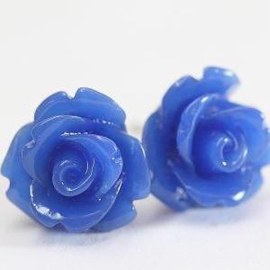 Dark Blue Rose Ear Posts, Bridal Jewelry,..