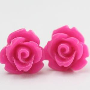 Fuchsia Rose Ear Posts, Bridal Jewelry,..