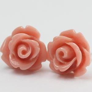 Light Coral Rose Ear Posts, Bridal Jewelry,..