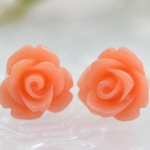 Frosted Orange Rose Ear Posts, Bridal Jewelry,..