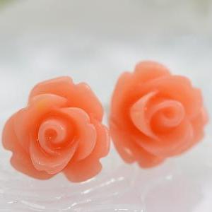 Frosted Orange Rose Ear Posts, Bridal Jewelry,..