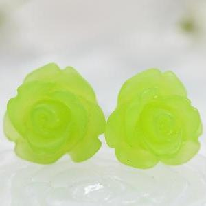 Frosted Apple Green Rose Ear Posts, Bridal..