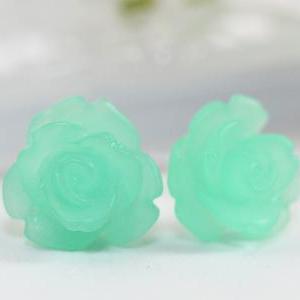 Frosted Light Turquoise Rose Ear Posts, Bridal..