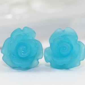 Frosted Blue Rose Ear Posts, Bridal Jewelry,..