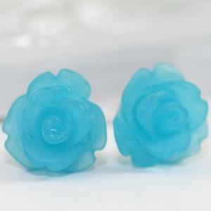 Frosted Blue Rose Ear Posts, Bridal Jewelry,..
