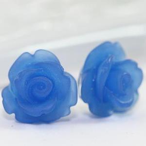Frosted Dark Blue Rose Ear Posts, Bridal Jewelry,..