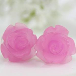 Frosted Pink Rose Ear Posts, Bridal Jewelry,..