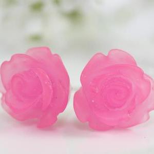 Frosted Fuchsia Rose Ear Posts, Bridal Jewelry,..