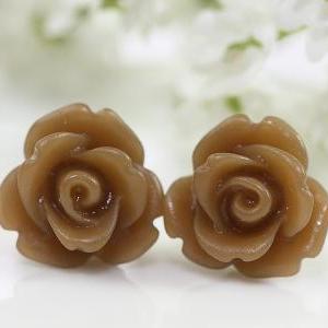 Frosted Brown Rose Ear Posts, Bridal Jewelry,..