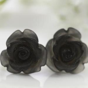 Frosted Black Rose Ear Posts, Bridal Jewelry,..