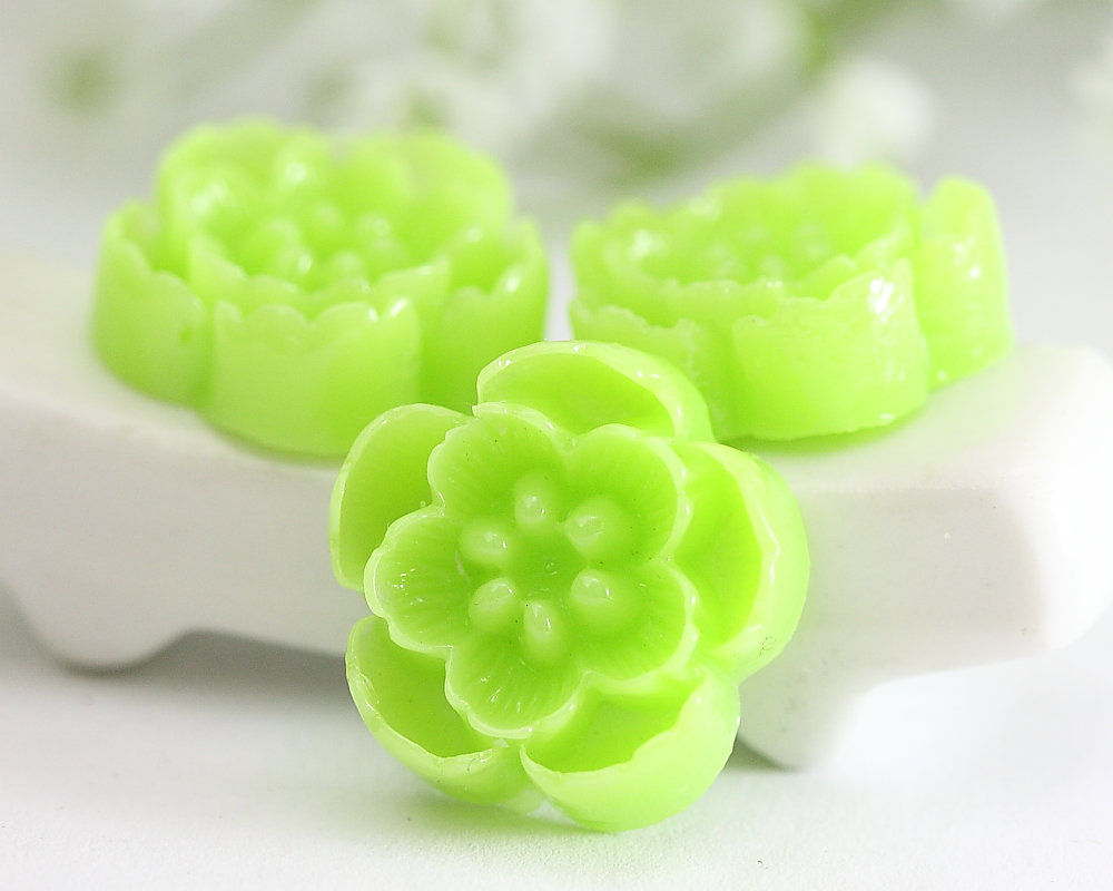Lime Green Cherry Blossoms Resin Cabochons 6pc
