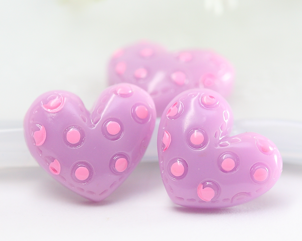 Lavender Heart With Pink Polka Dots Resin Cabochons 10pc