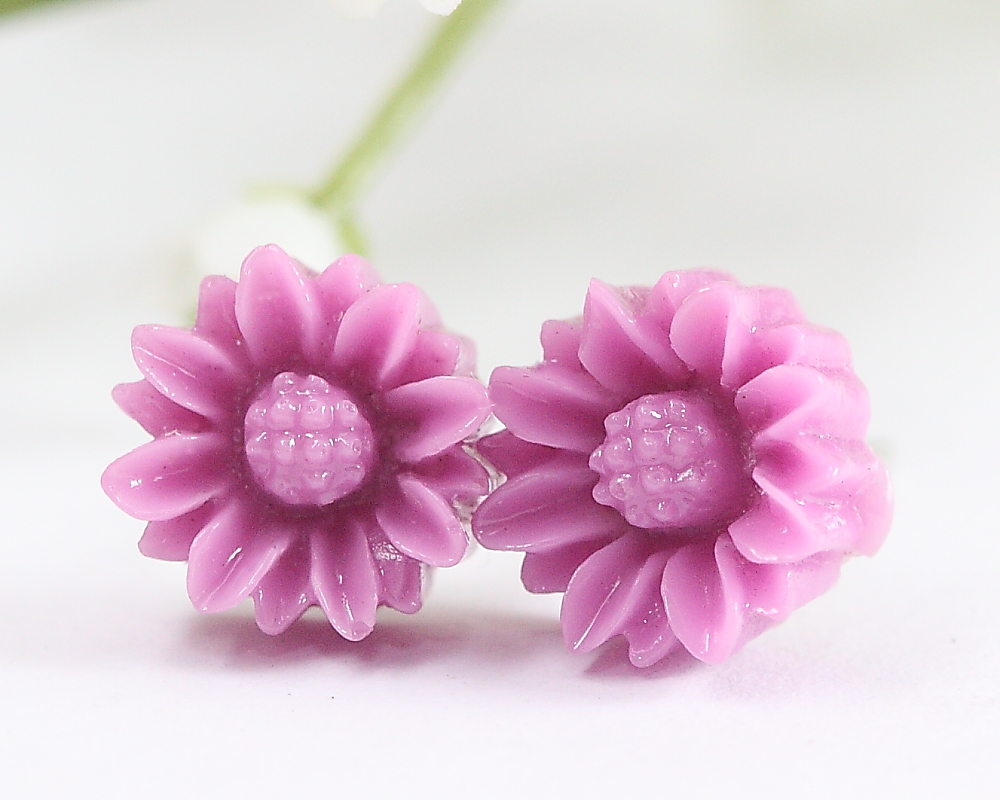 Purple Sunflower Ear Posts, Bridal Jewelry, Bridesmaids Gift, Flowergirl Gift