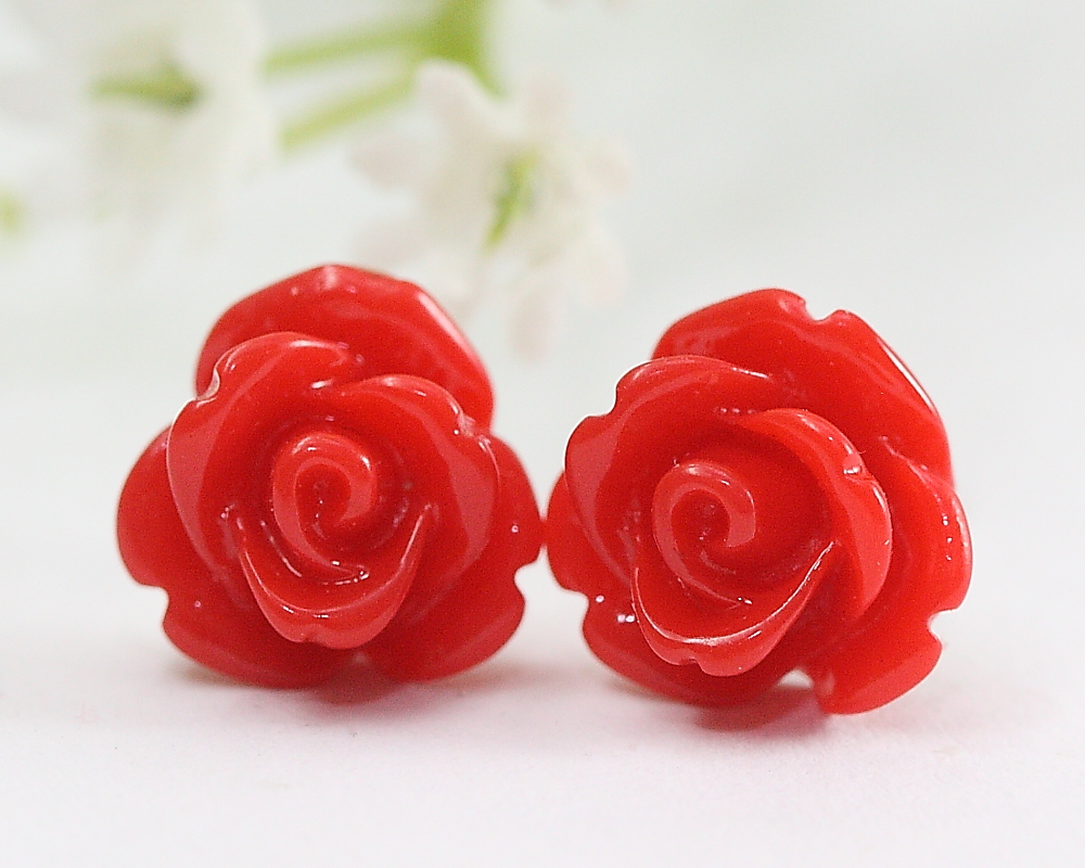 Red Rose Flower Ear Posts, Bridal Jewelry, Bridesmaids Gift, Flowergirl Gift