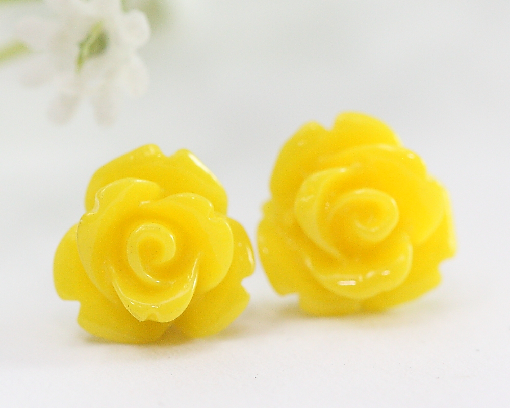 Yellow Rose Flower Ear Posts, Bridal Jewelry, Bridesmaids Gift, Flowergirls Gift