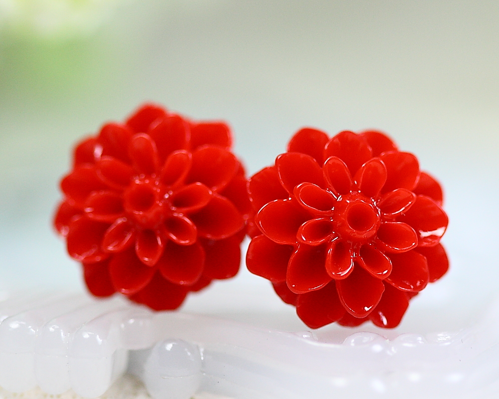 Red Chrysanthemum Ear Posts, Bridal Jewelry, Bridesmaids Gift, Flowergirls Gift