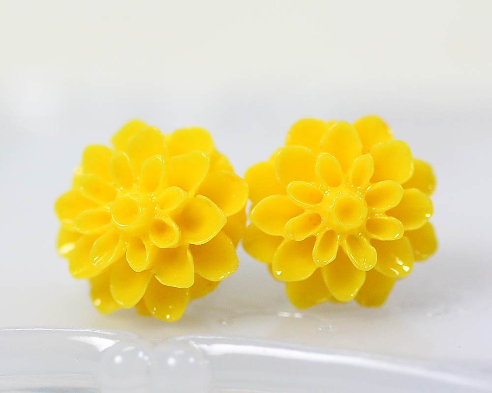 Yellow Chrysanthemum Ear Posts, Bridal Jewelry, Bridesmaids Gift, Flowergirls Gift
