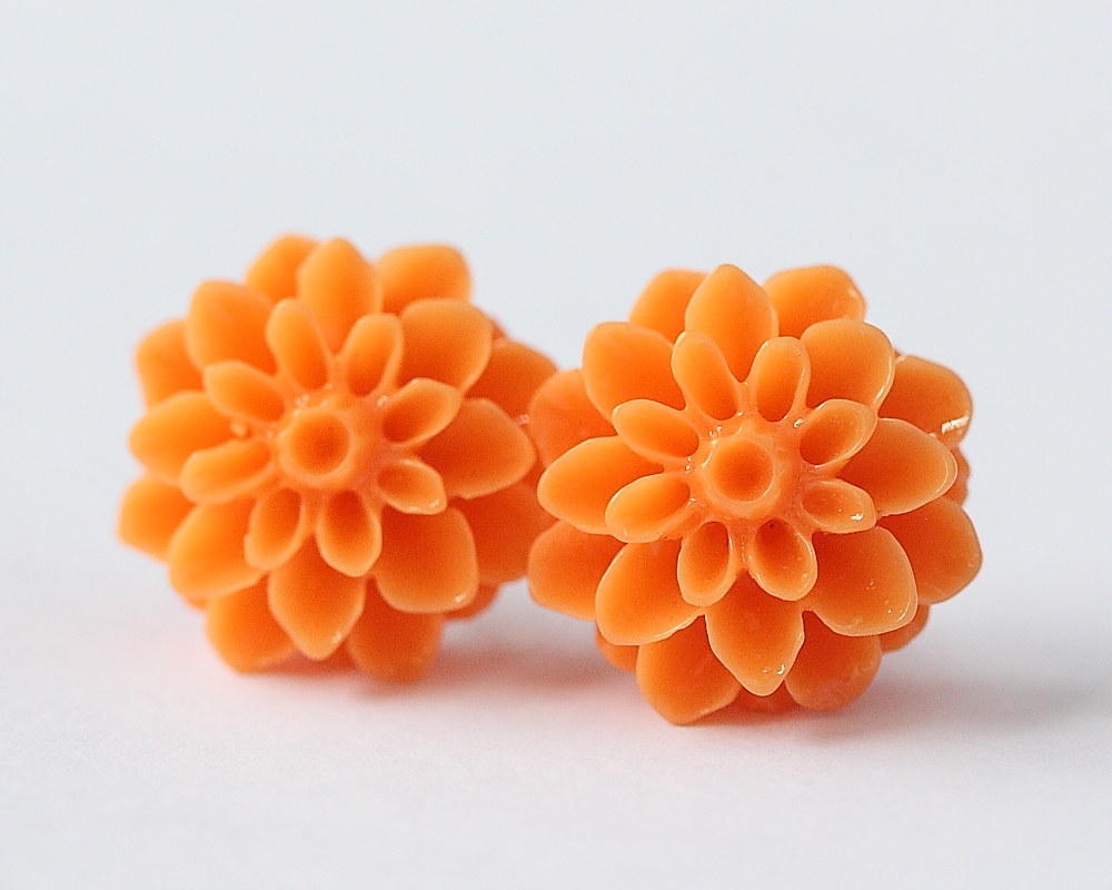 Orange Chrysanthemum Ear Posts, Bridal Jewelry, Bridesmaids Gift, Flowergirls Gift