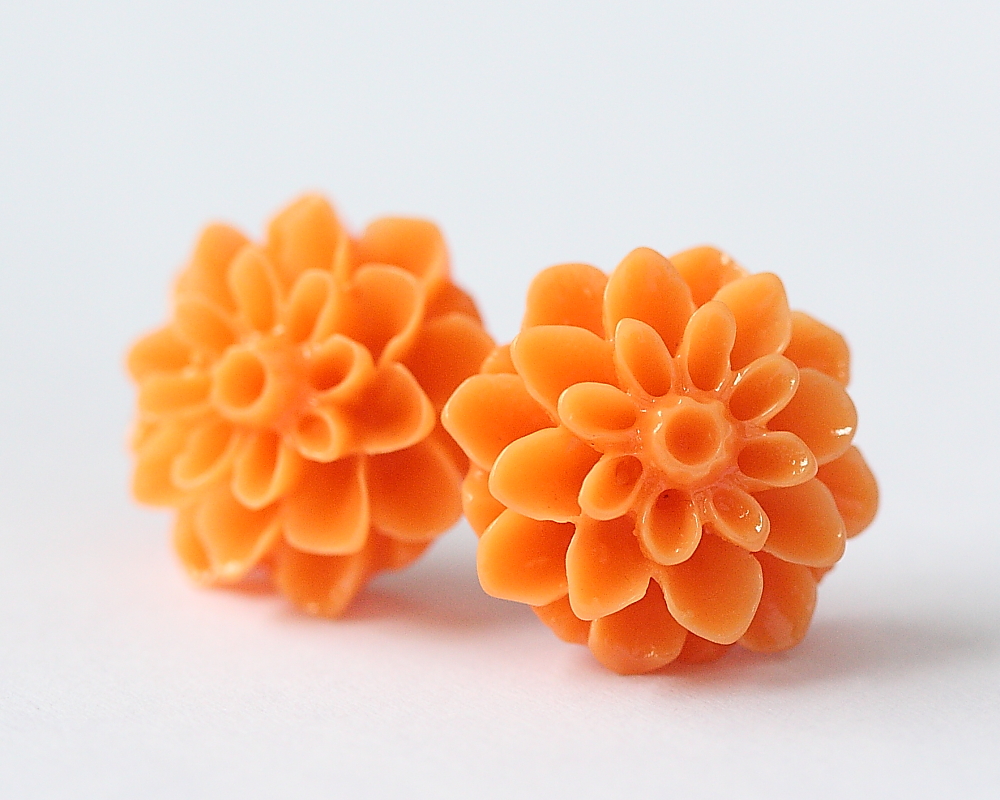 Orange Chrysanthemum Ear Posts, Bridal Jewelry, Bridesmaids Gift ...