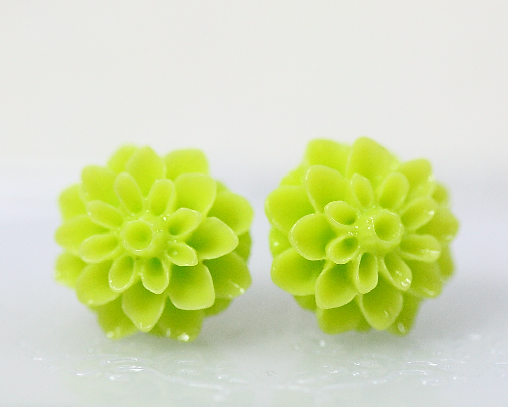 Lime Green Chrysanthemum Ear Posts, Bridal Jewelry, Bridesmaids Gift, Flowergirls Gift