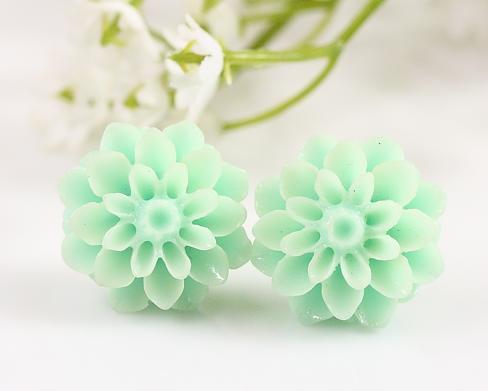 Pale Turquoise Chrysanthemum Ear Posts, Bridal Jewelry, Bridesmaids Gift, Flowergirls Gift