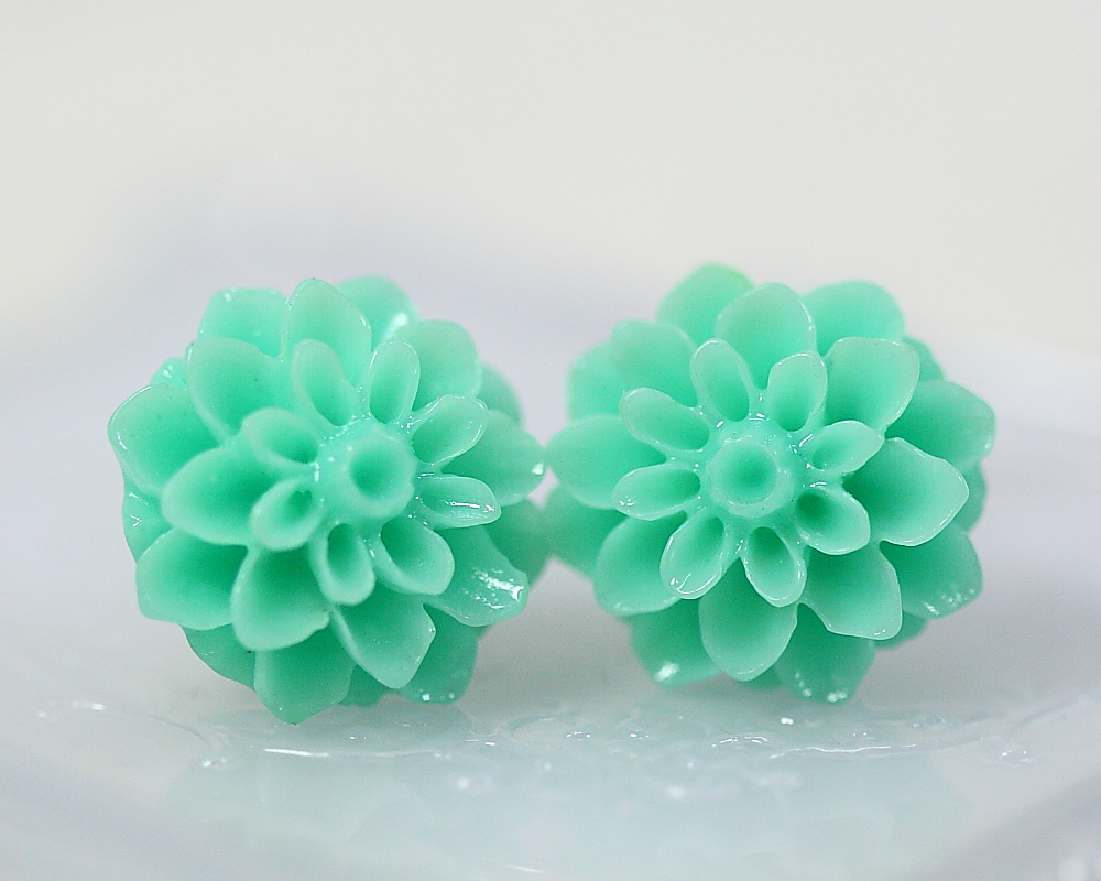 Aquamarine Chrysanthemum Ear Posts, Bridal Jewelry, Bridesmaids Gift, Flowergirls Gift