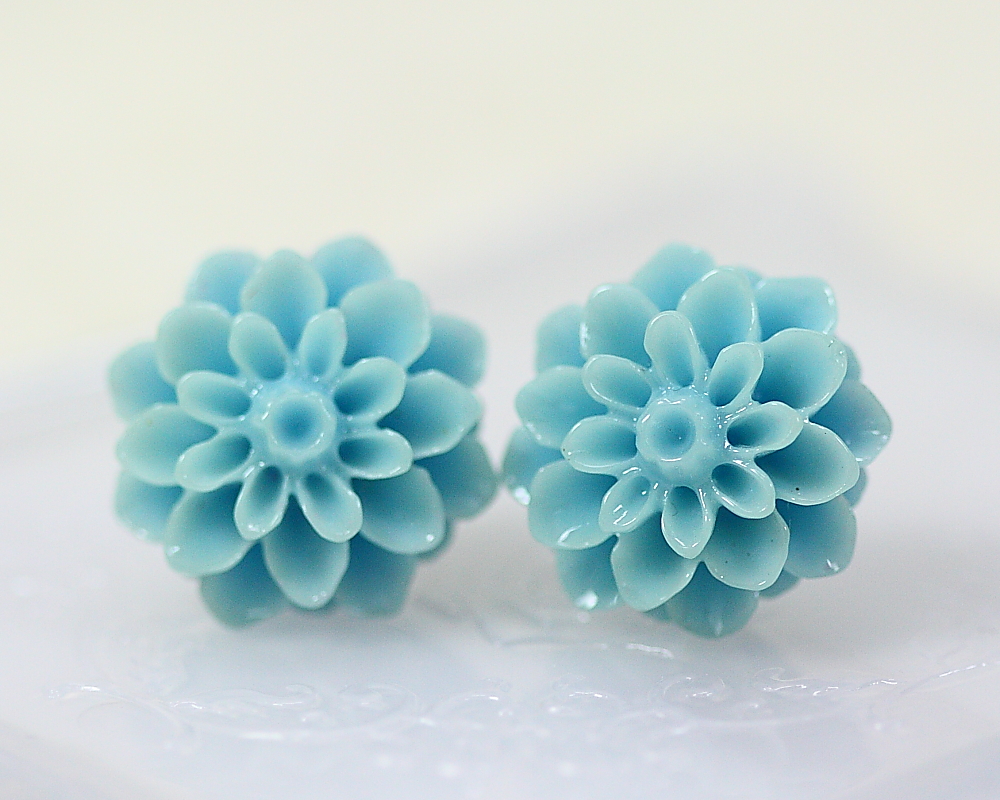 Pale Blue Chrysanthemum Ear Posts, Bridal Jewelry, Bridesmaids Gift, Flowergirls Gift