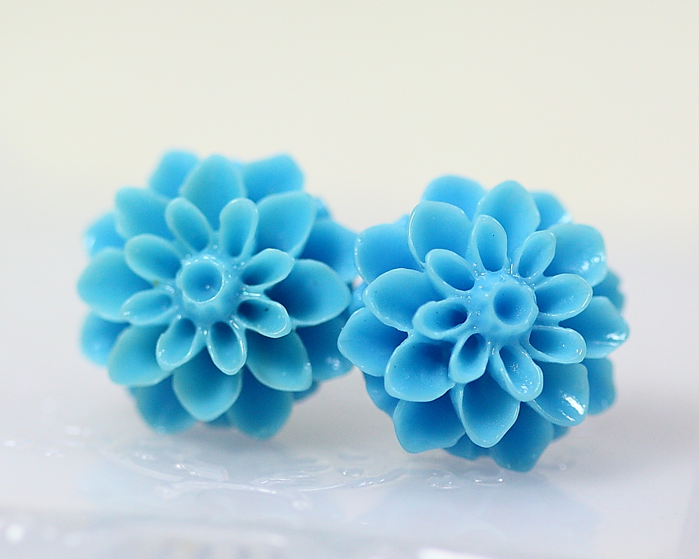Light Blue Chrysanthemum Ear Posts, Bridal Jewelry, Bridesmaids Gift, Flowergirls Gift