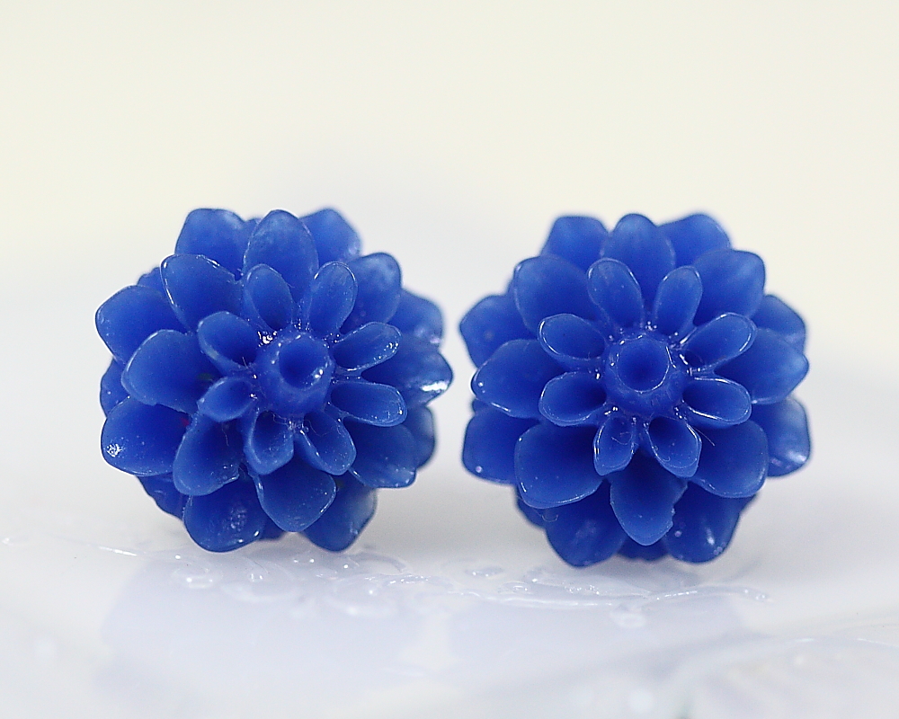 Dark Blue Chrysanthemum Ear Posts, Bridal Jewelry, Bridesmaids Gift, Flowergirls Gift