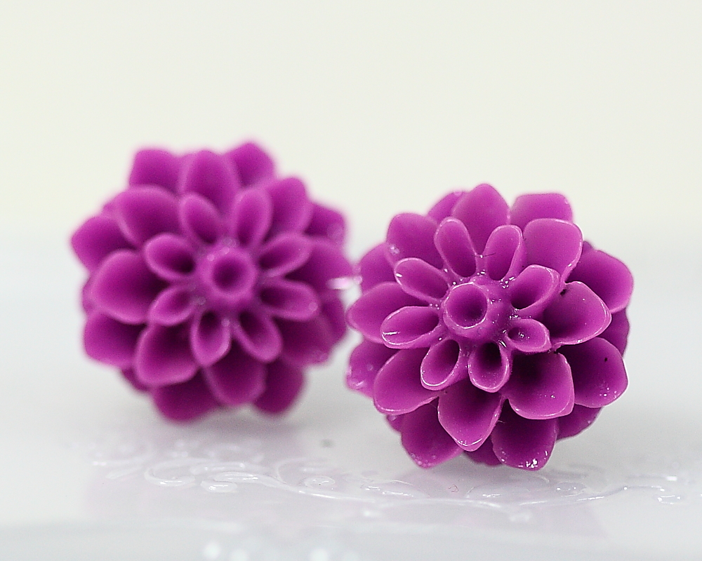 Purple Chrysanthemum Ear Posts, Bridal Jewelry, Bridesmaids Gift, Flowergirls Gift