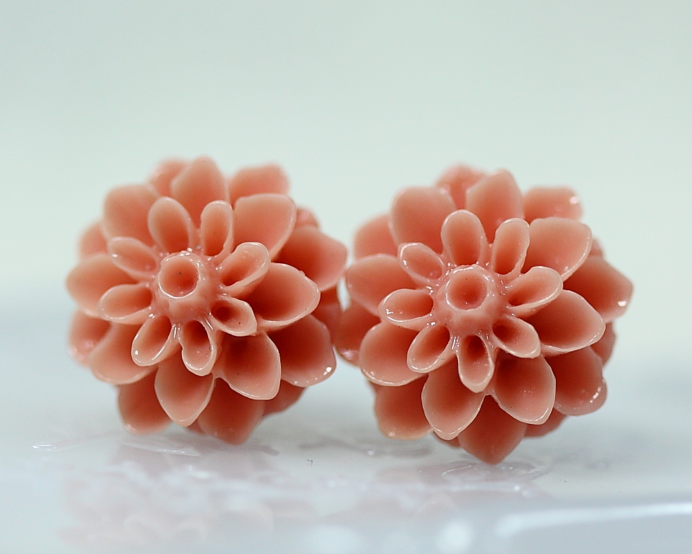 Light Coral Chrysanthemum Ear Posts, Bridal Jewelry, Bridesmaids Gift, Flowergirls Gift