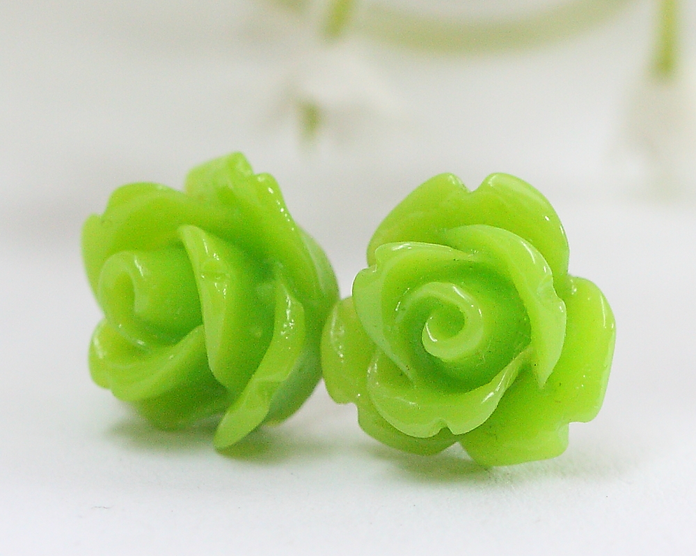 Apple Green Rose Ear Posts, Bridal Jewelry, Bridesmaids Gift, Flowergirls Gift
