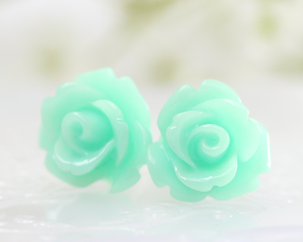 Aquamarine Rose Ear Posts, Bridal Jewelry, Bridesmaids Gift, Flowergirls Gift