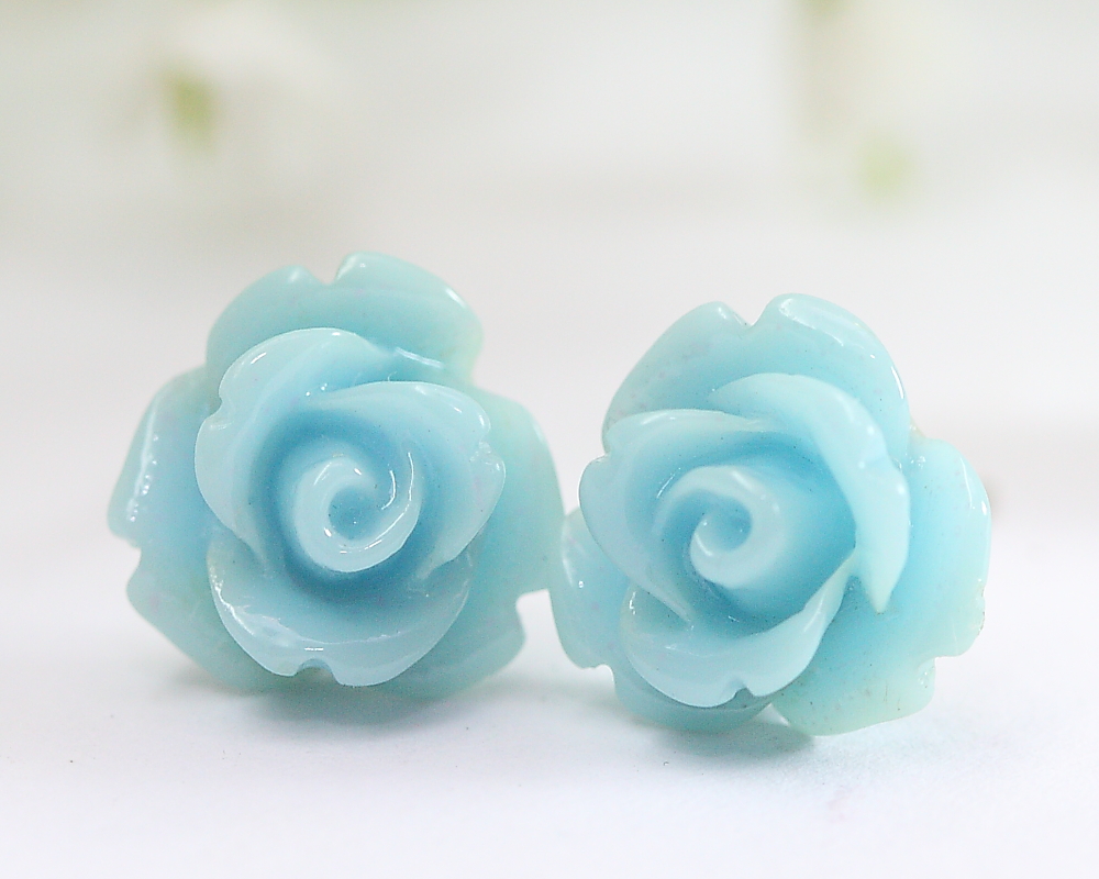Pale Blue Rose Ear Posts, Bridal Jewelry, Bridesmaids Gift, Flowergirls Gift