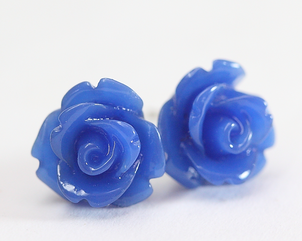 Dark Blue Rose Ear Posts, Bridal Jewelry, Bridesmaids Gift, Flowergirls Gift