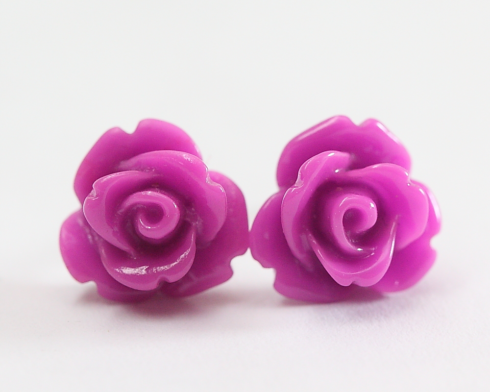 Purple Rose Ear Posts, Bridal Jewelry, Bridesmaids Gift, Flowergirls Gift