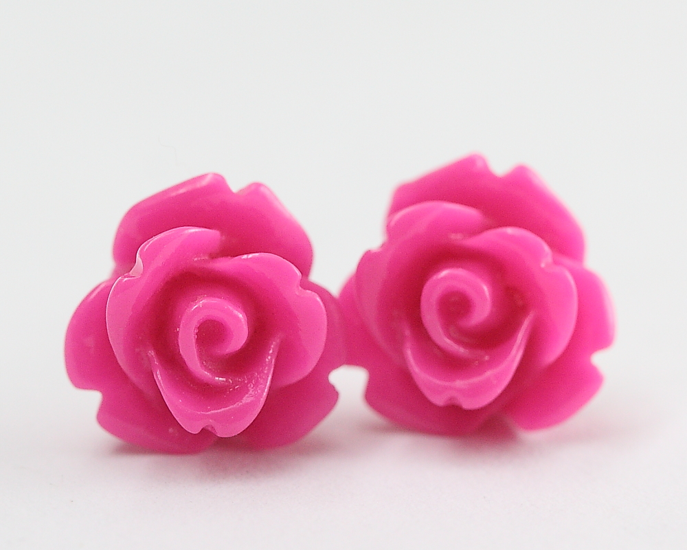 Fuchsia Rose Ear Posts, Bridal Jewelry, Bridesmaids Gift, Flowergirls Gift