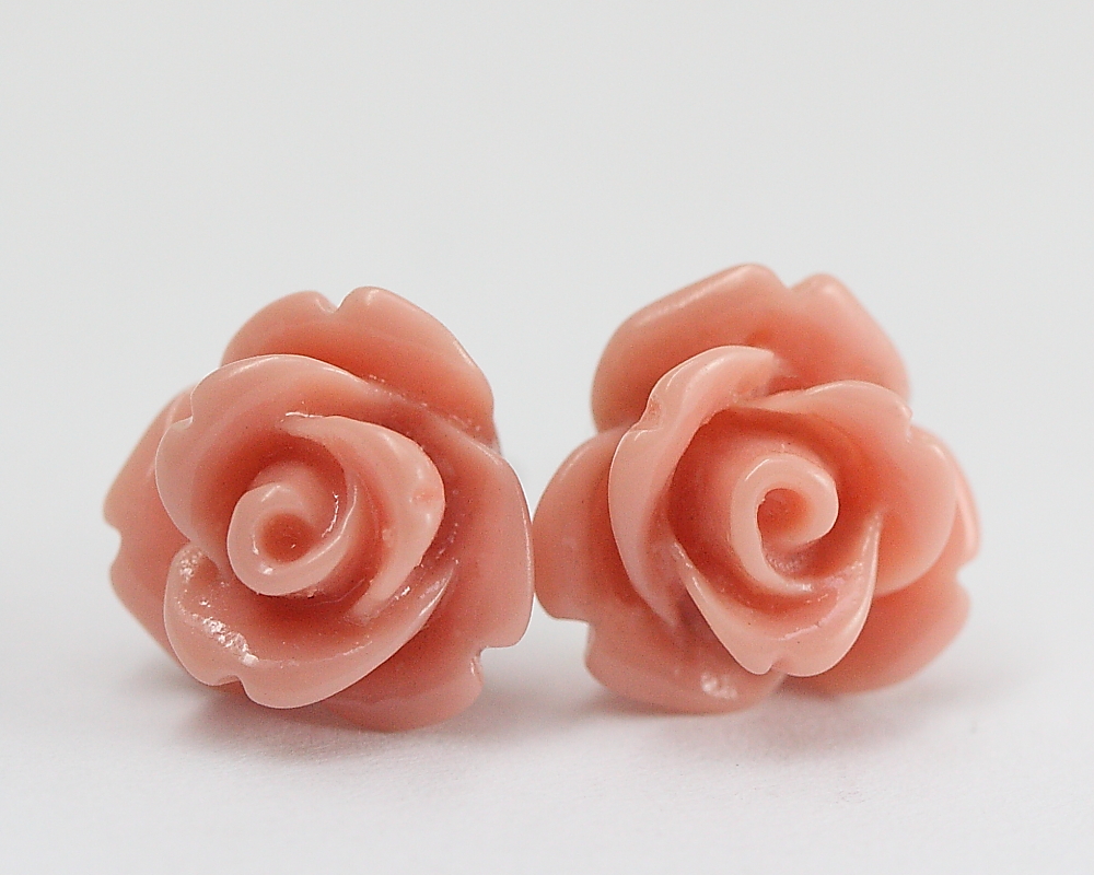 Light Coral Rose Ear Posts, Bridal Jewelry, Bridesmaids Gift, Flowergirls Gift
